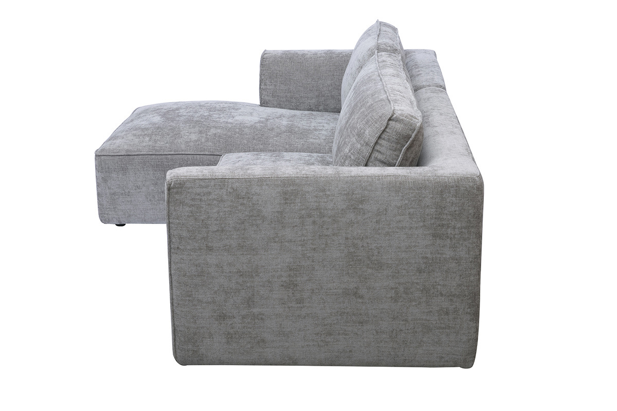 Canap� d'angle gauche 3 places gris en tissu effet velours, vue de c�t�.