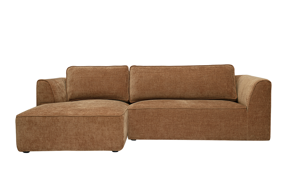Canap� d'angle gauche 3 places en tissu effet velours textur� couleur terre br�l�e, vue de face.