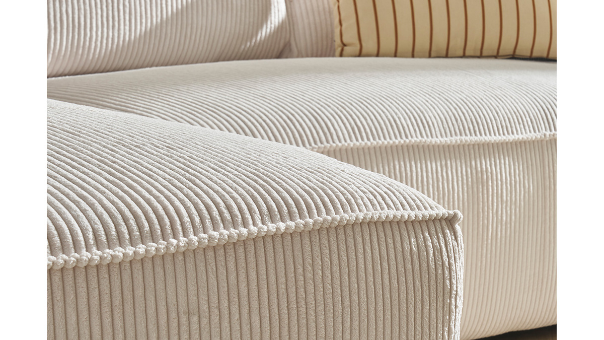 Canapé d'angle gauche design en tissu velours côtelé écru 3-4 places ...