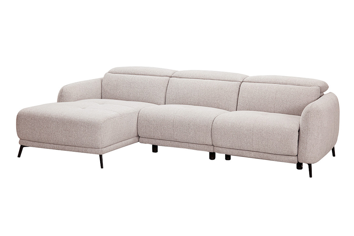 Canap� d'angle gauche �lectrique beige 3-4 places avec t�ti�res ajustables, vue de 3/4