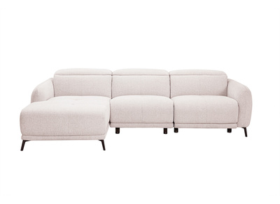 Canap&eacute; d'angle gauche &eacute;lectrique 3-4 places avec t&ecirc;ti&egrave;res ajustables et repose-pieds en tissu effet velours textur&eacute; beige et m&eacute;tal TIGNES
