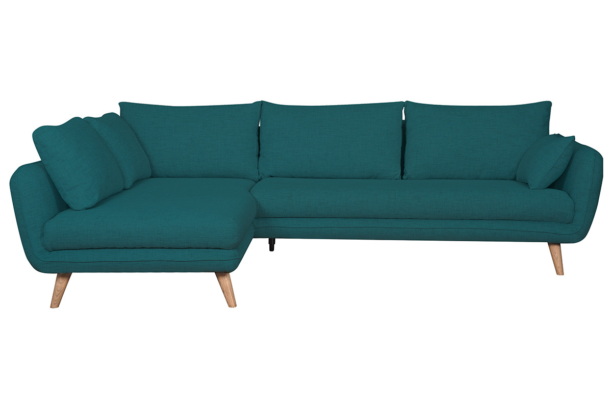 Canap� d'angle gauche scandinave 5 places en tissu bleu paon et bois clair CREEP