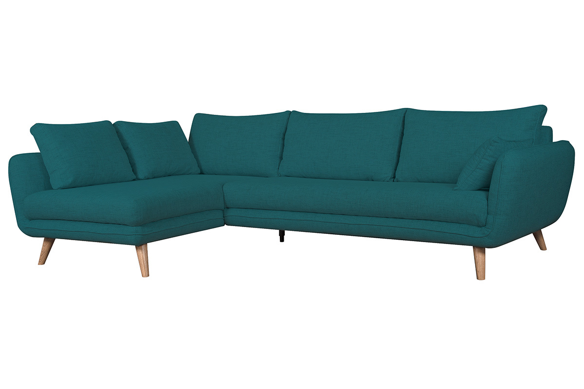 Canap� d'angle gauche scandinave 5 places en tissu bleu paon et bois clair CREEP
