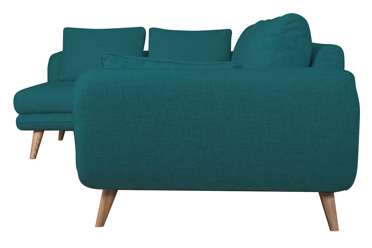 Canap� d'angle gauche scandinave 5 places en tissu bleu paon et bois clair CREEP