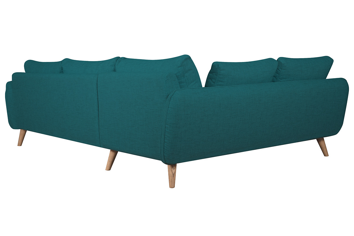 Canap� d'angle gauche scandinave 5 places en tissu bleu paon et bois clair CREEP