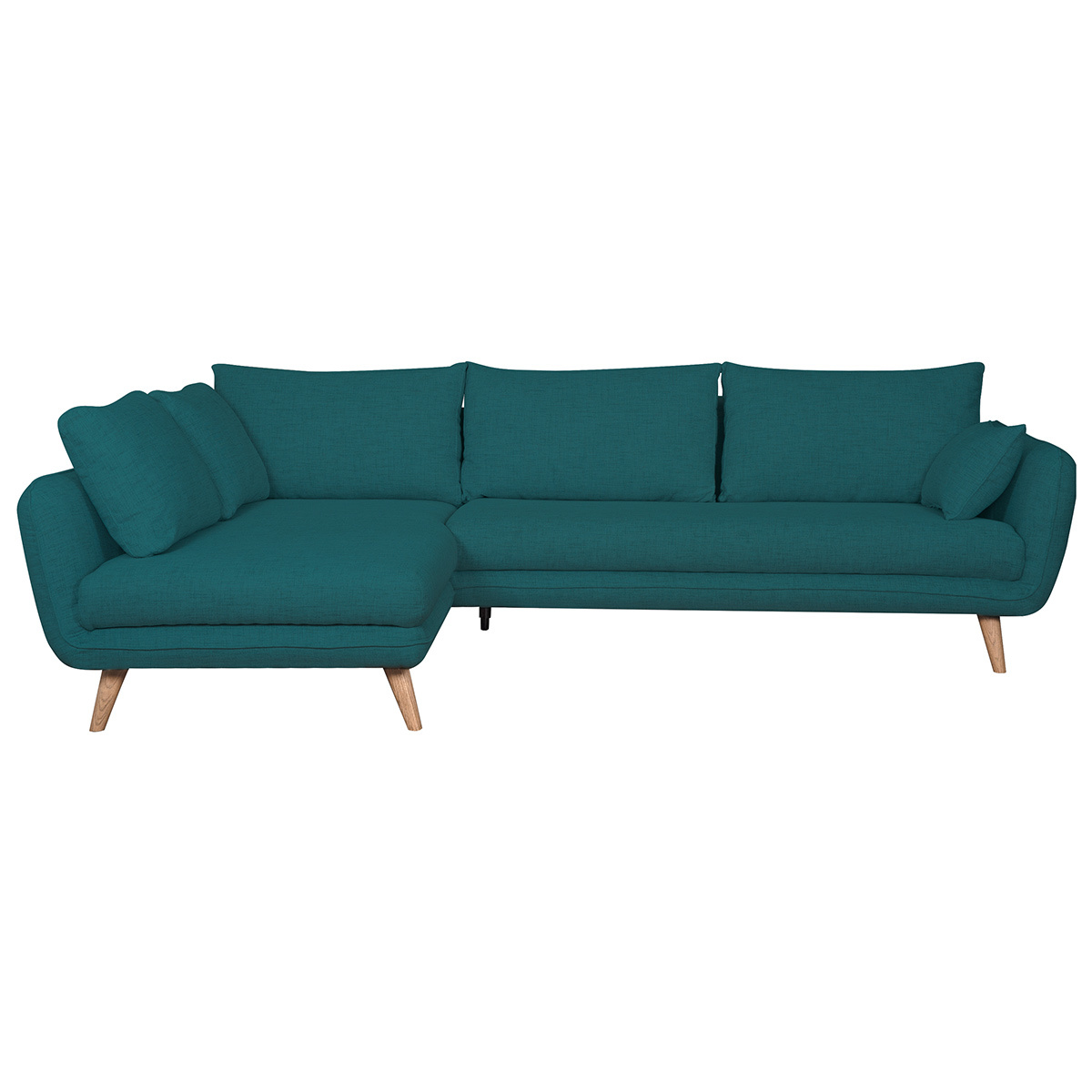Canapé d'angle gauche scandinave 5 places en tissu bleu paon et bois clair CREEP vue1