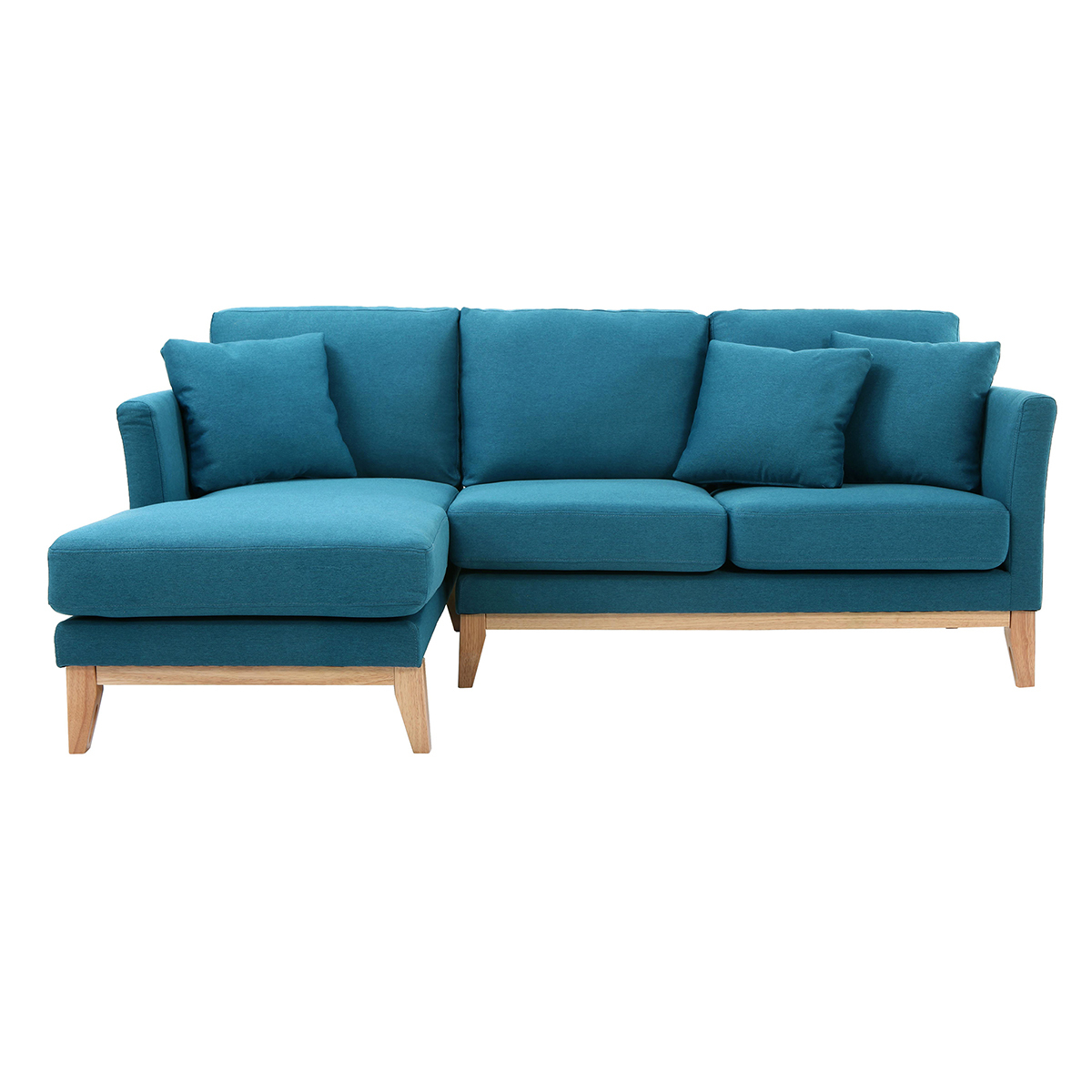 Canapé d'angle gauche scandinave bleu canard déhoussable et bois clair 3-4 places OSLO
