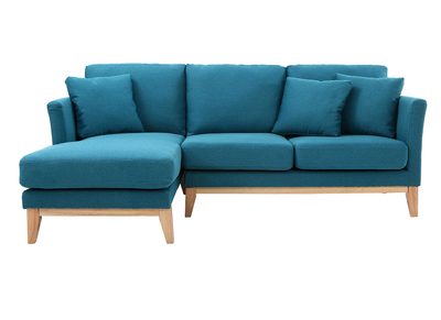 Canapé d'angle gauche scandinave bleu canard déhoussable et bois clair 3-4 places OSLO