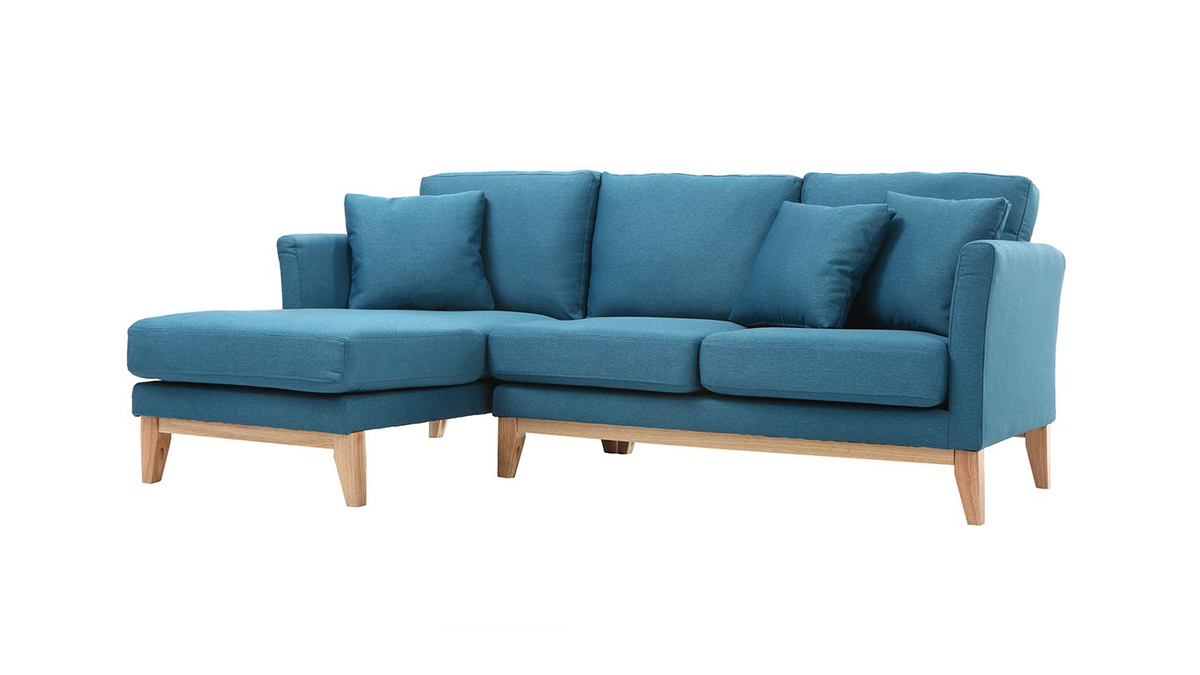 Canapé d'angle gauche scandinave bleu canard déhoussable et bois clair OSLO