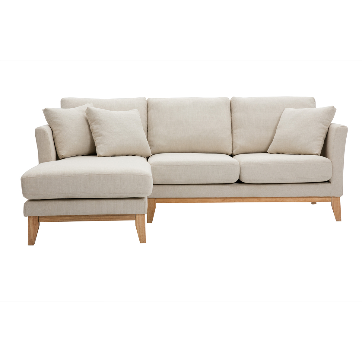 Canapé d'angle gauche scandinave en tissu beige déhoussable et bois clair 3-4 places OSLO