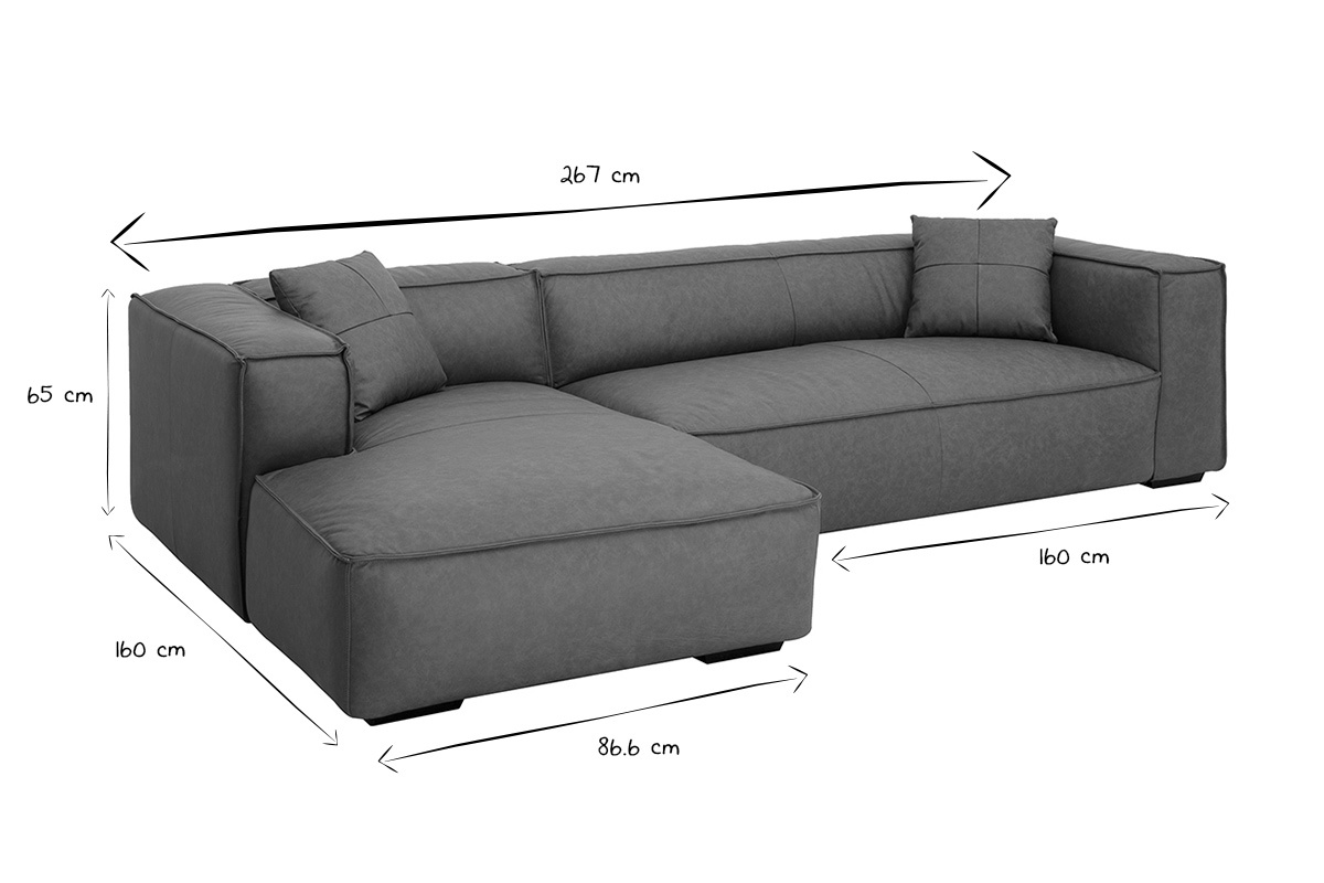 Dimensions du canap d'angle gauche 4-5 places en noir et blanc avec mesures indiques.
