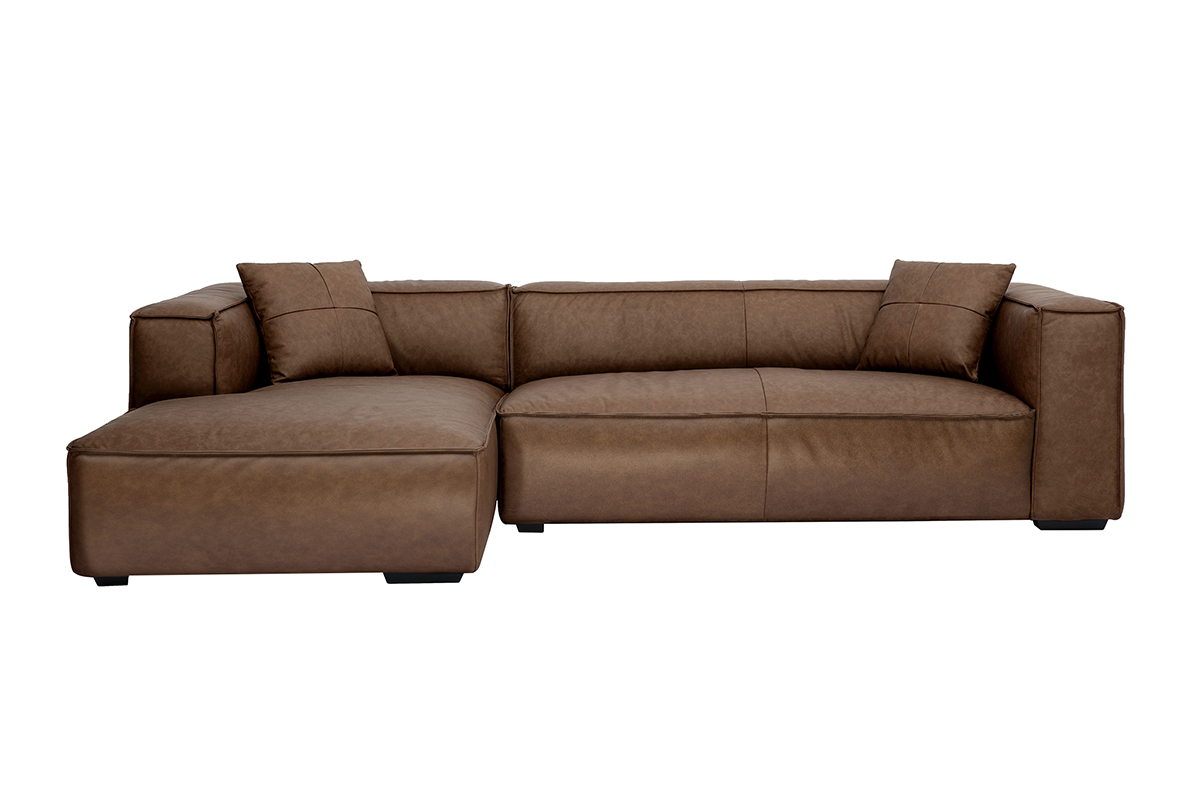 Canap d'angle gauche 4-5 places en cuir marron, vue de face.