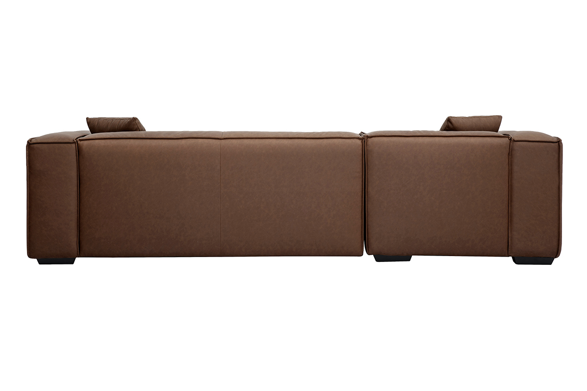 Canap d'angle en cuir marron, vue arrire, 4-5 places sur pieds en bois noir.