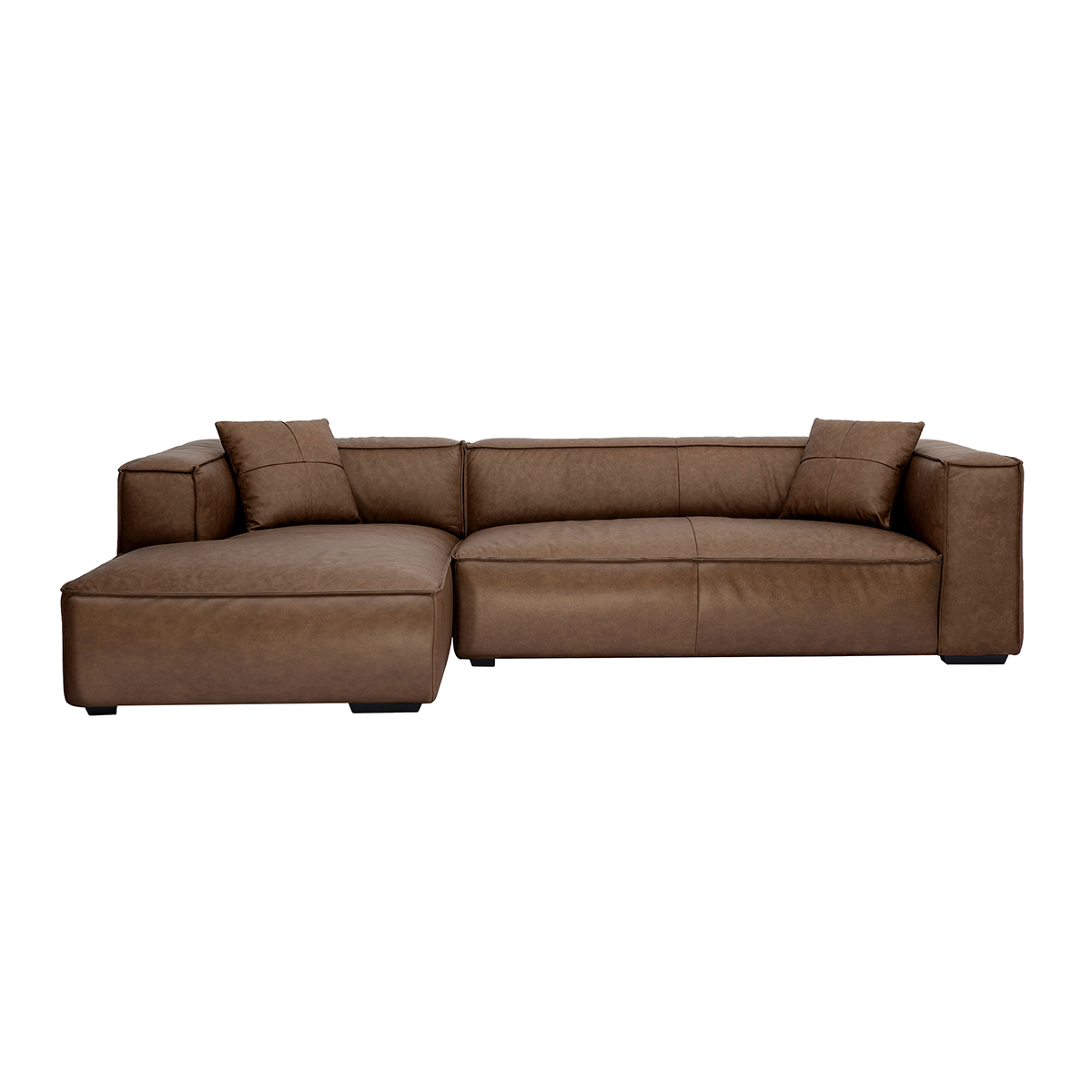 Canapé d'angle gauche vintage 4-5 places en cuir marron et bois noir COBAIN
