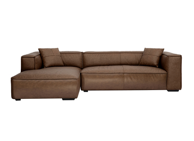 Canapé d'angle gauche vintage 4-5 places en cuir marron et bois noir COBAIN