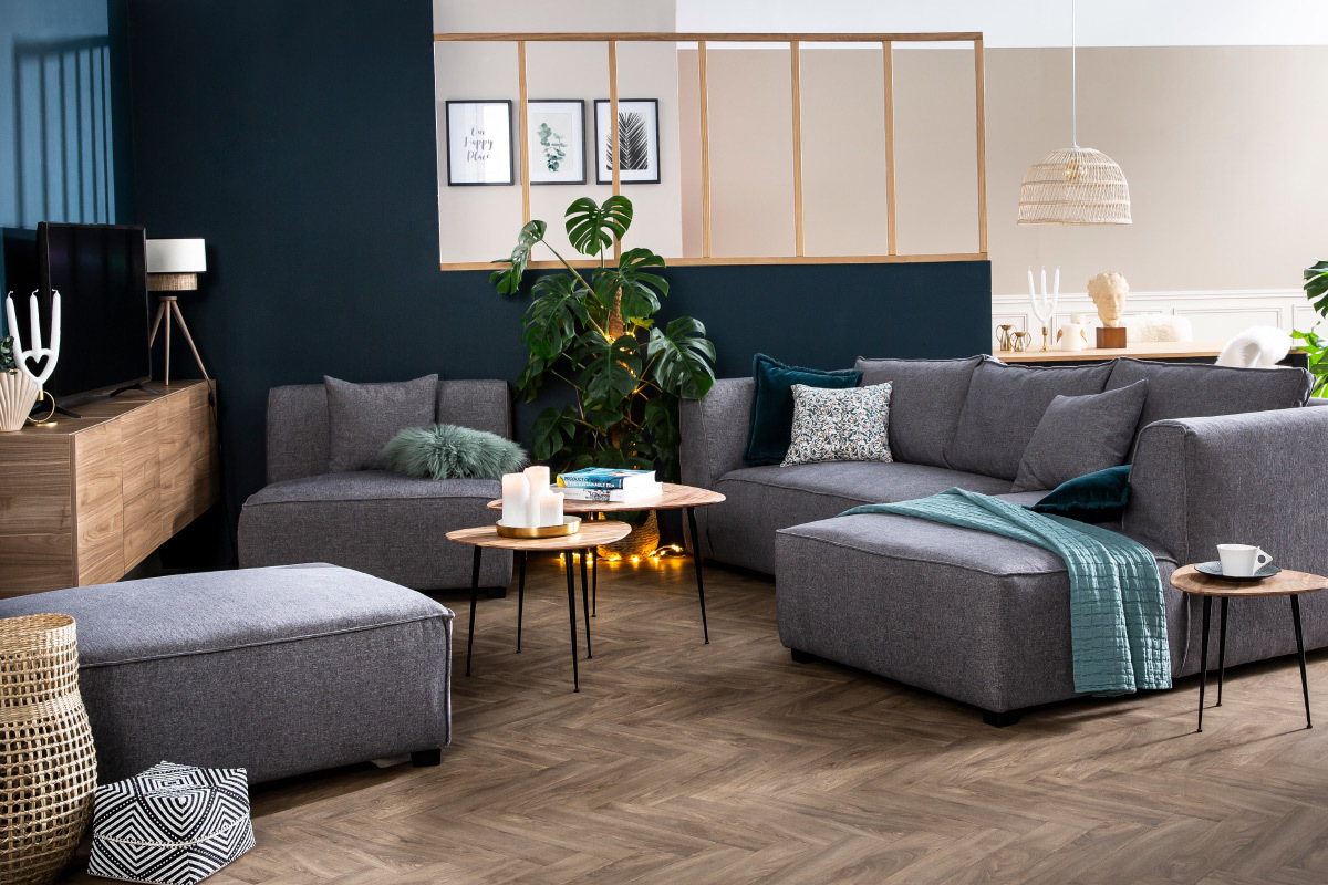 Canap d'angle moderne modulable 4 lments en tissu gris clair PLURIEL