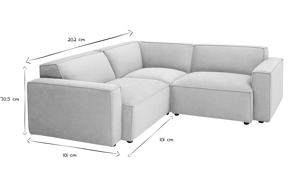 Canap d'angle 3 places noir et blanc avec dimensions 202 x 101 x 70,5 cm.