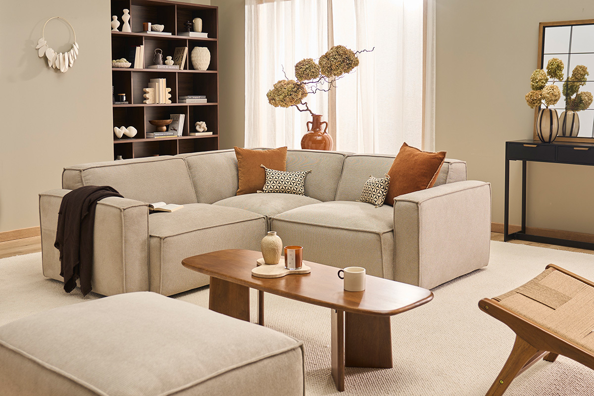 Canap� d'angle modulable 3 places en tissu effet velours textur� beige SPLIT