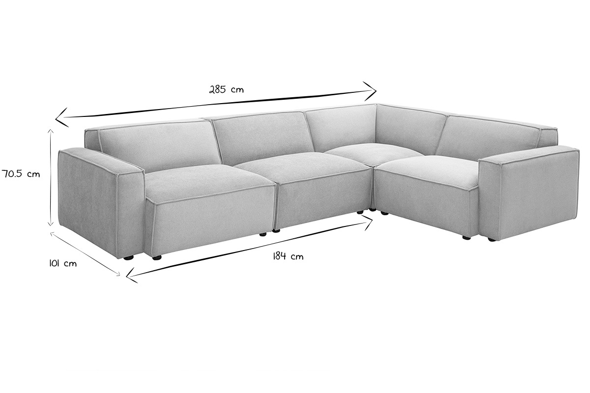 Dimensions du canap d'angle modulable 5 places SPLIT en tissu beige, L285 x P101-202 x H70,5 cm