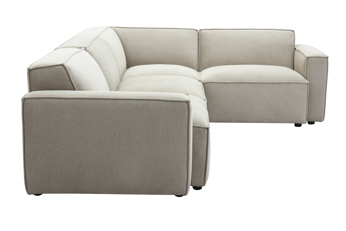 Canap d'angle modulable beige en tissu effet velours textur, 5 places.
