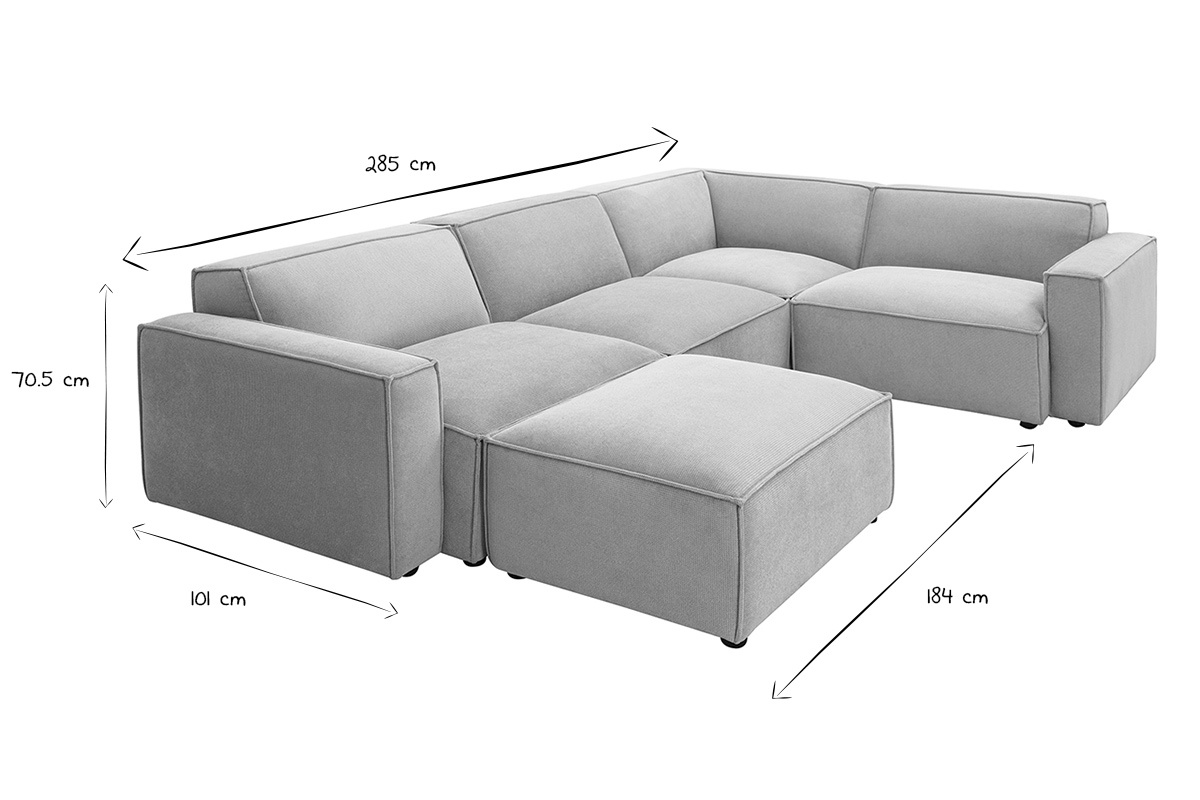 Dimensions du canap d'angle modulable 5 places et pouf, noir et blanc.