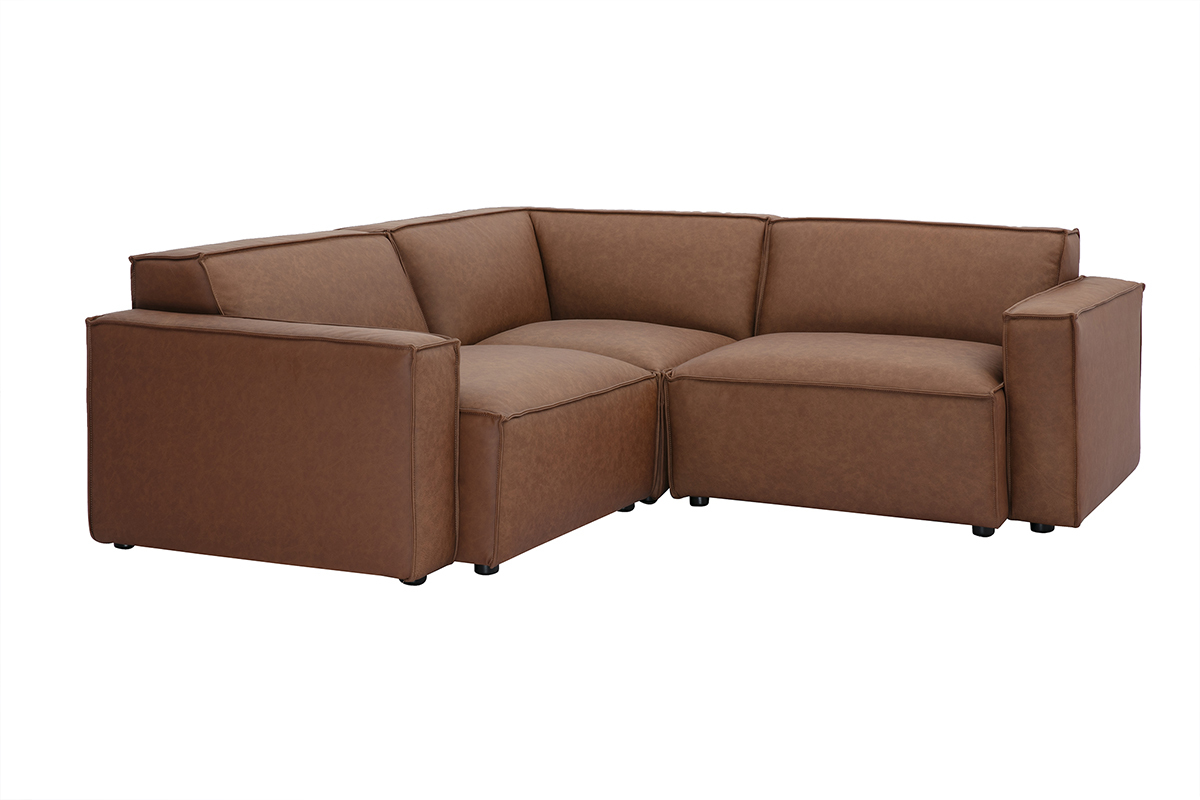 Canap d'angle modulable 3 places en cuir marron vintage SPLIT, vue de ct.