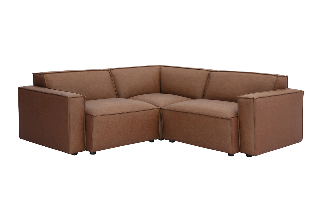 Canap d'angle modulable 3 places en cuir marron