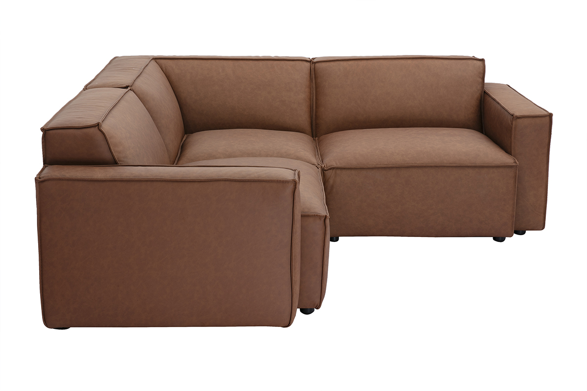 Canap d'angle modulable 3 places en cuir marron de style vintage. Vue de profil.