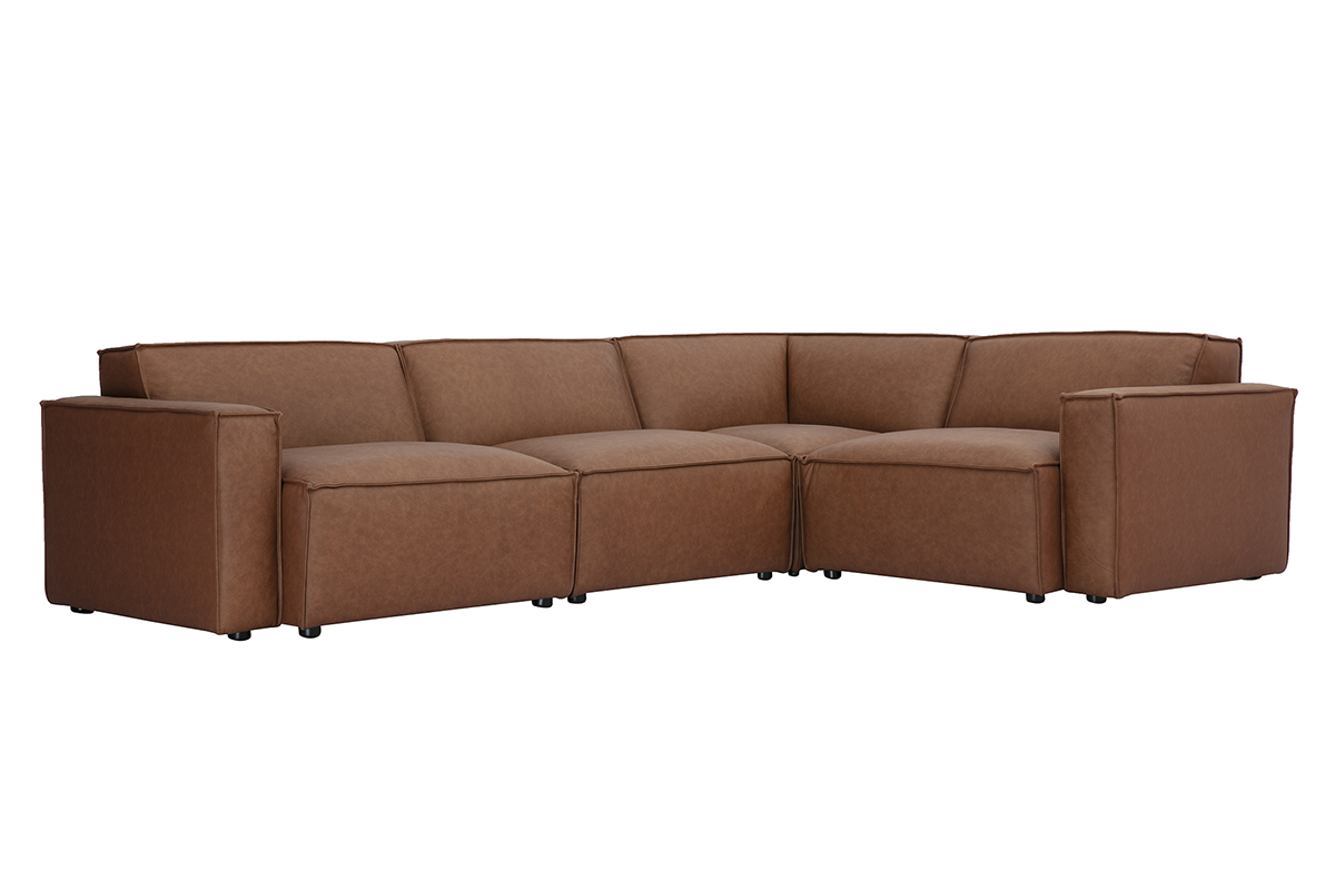 Canap d'angle modulable vintage 5 places en cuir marron, vue 3/4.