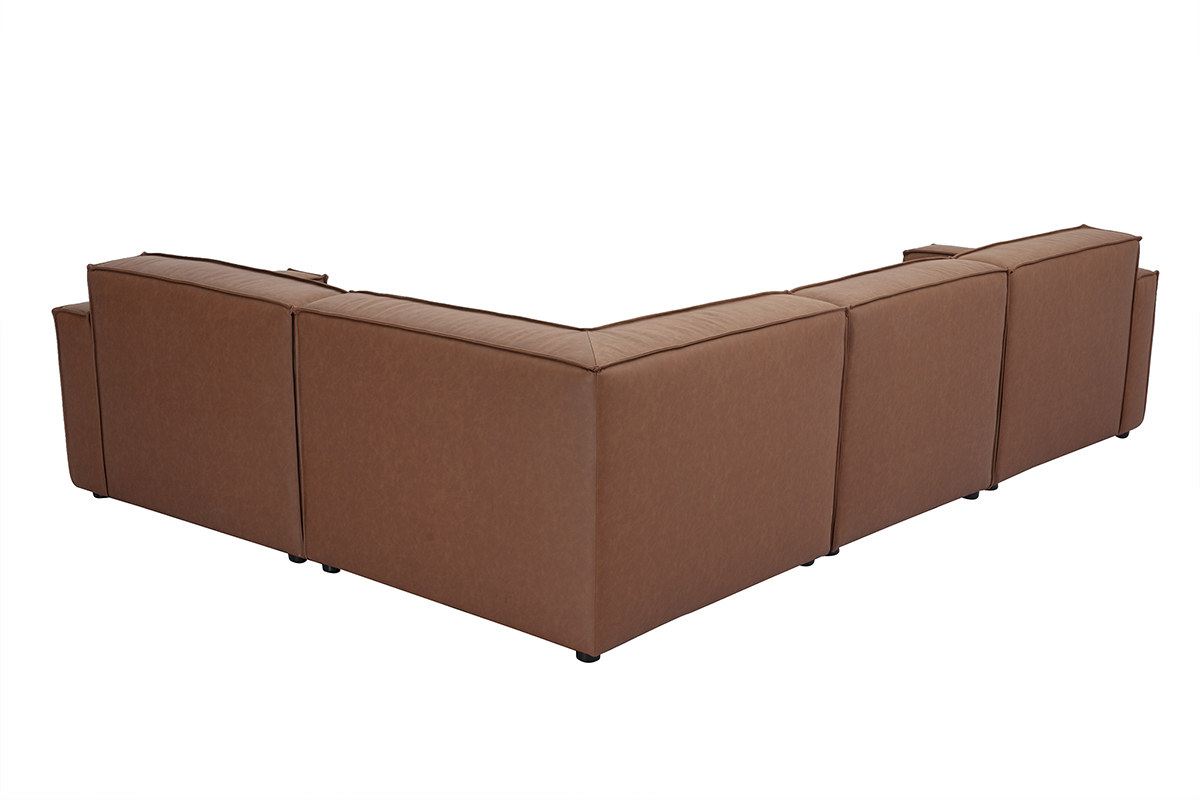 Canap d'angle modulable 5 places en cuir marron vintage, vue de dos.
