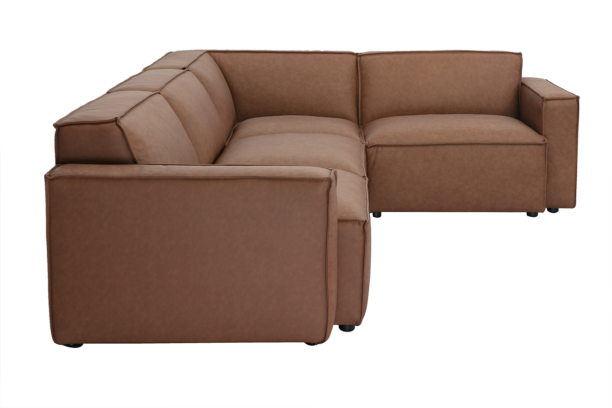 Canap d'angle modulable 5 places en cuir marron, vue de profil.
