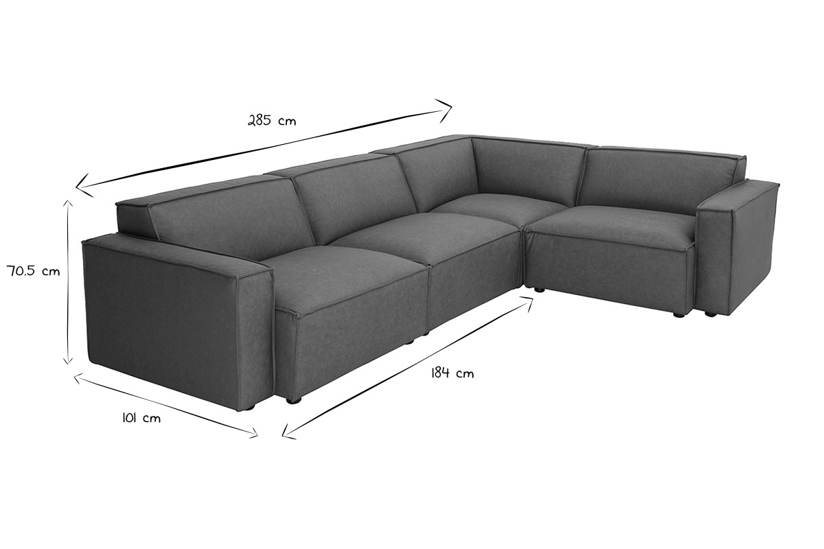 Dimensions du canap d'angle modulable vintage 5 places en cuir marron SPLIT, L285 x P101-202 x H70,5 cm.