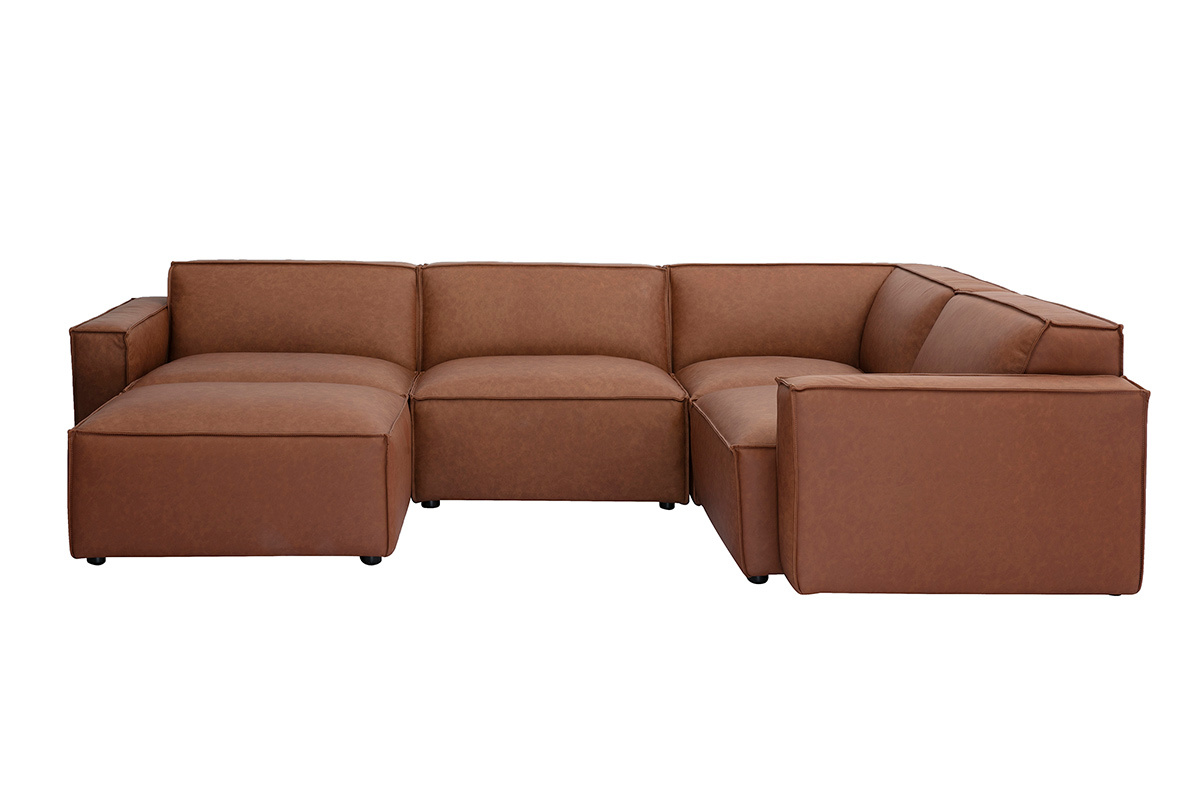 Canap d'angle modulable vintage 5 places en cuir marron avec grand pouf