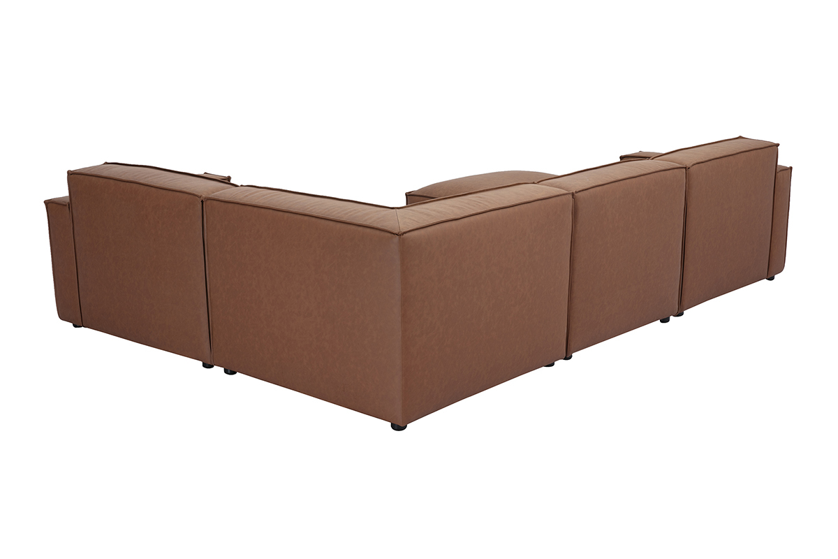 Canap d'angle modulable vintage 5 places et pouf en cuir marron, vue de dos.
