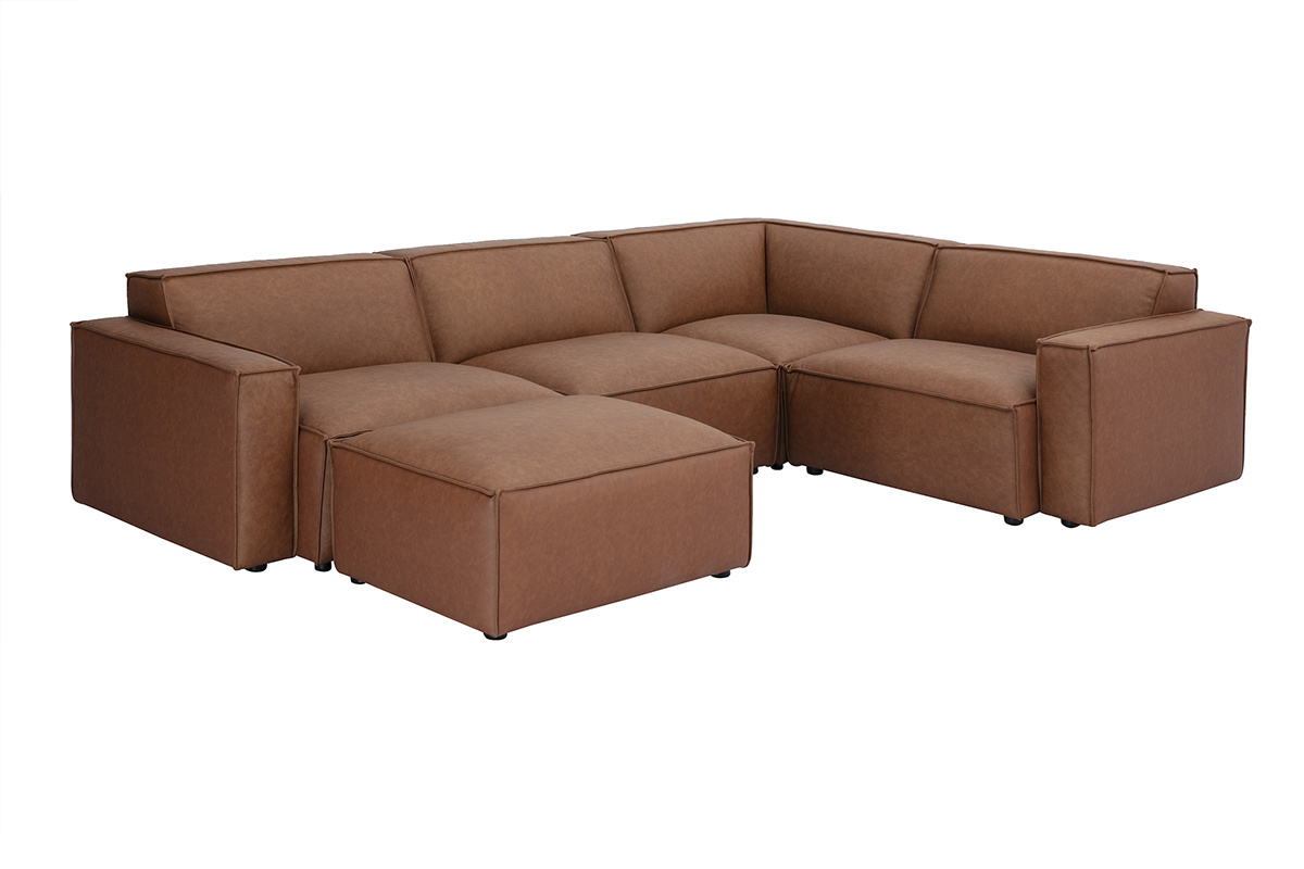 Canap d'angle modulable marron 5 places et pouf en cuir, vue de 3/4.