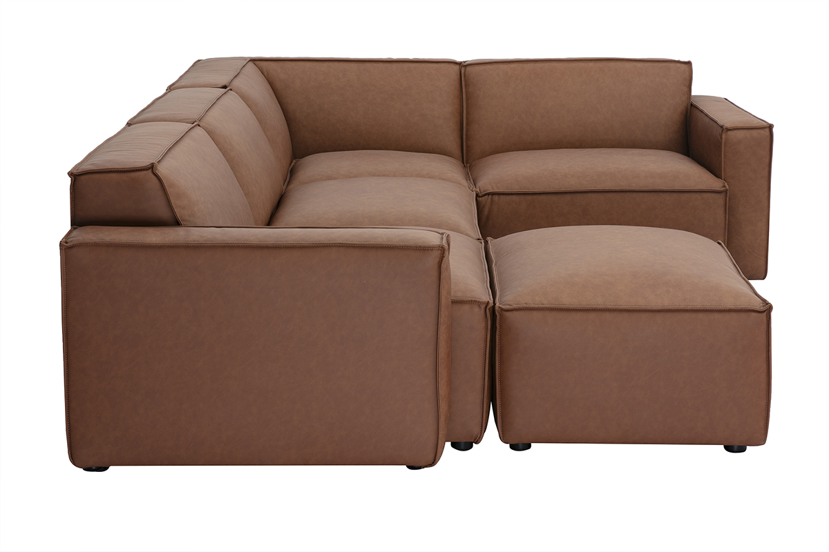 Canap d'angle modulable vintage 5 places et pouf en cuir marron, vue de profil.