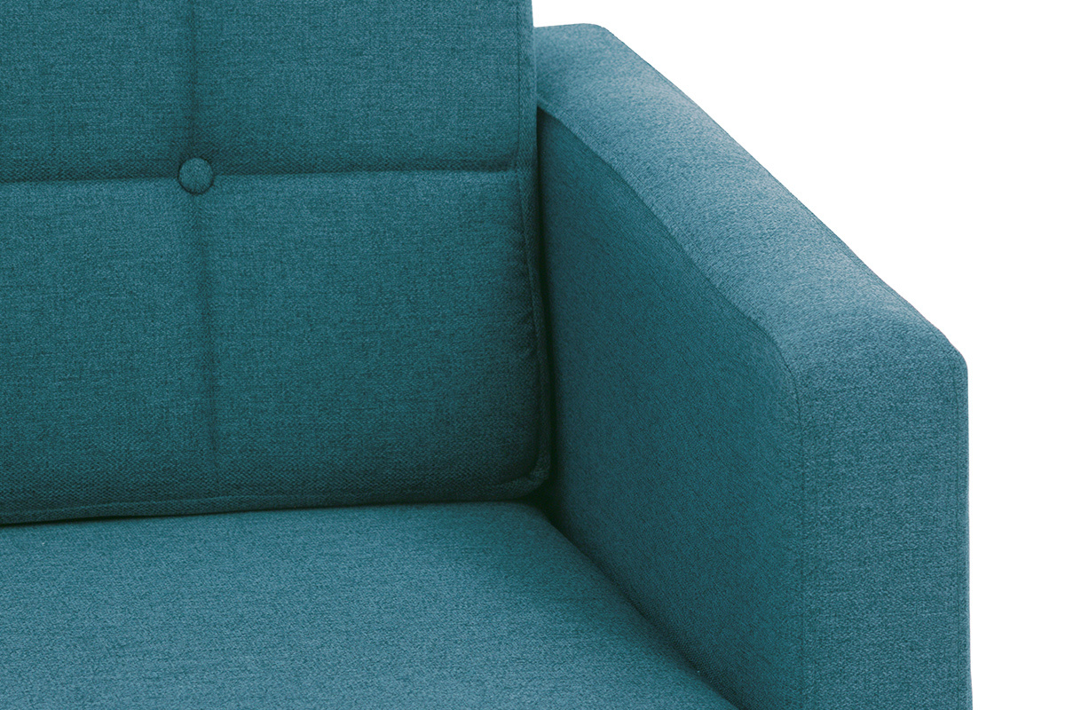 Canap� d'angle r�versible scandinave en tissu bleu canard et bois ELFE