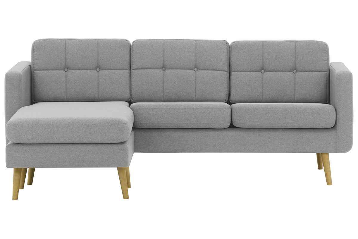 Canap� d'angle r�versible scandinave en tissu gris clair et bois ELFE