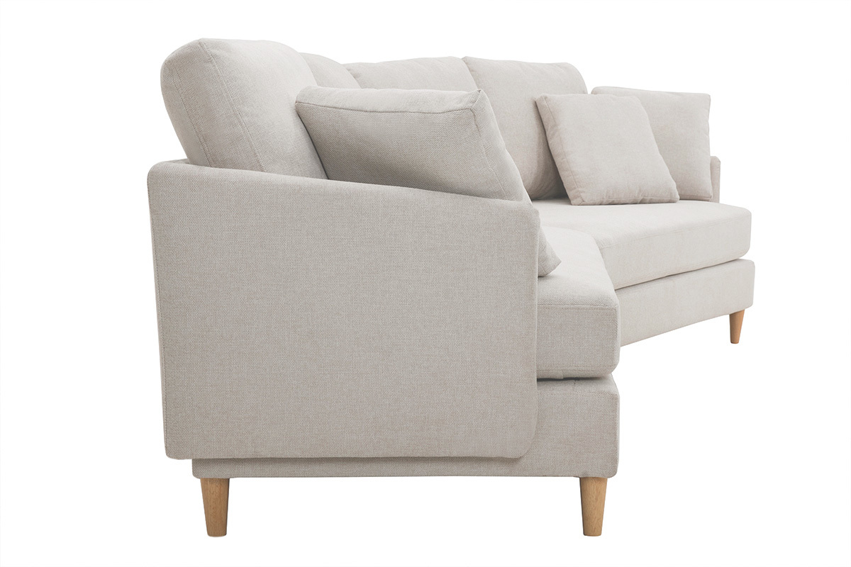 Canap� d'angle scandinave 5 places en tissu effet velours textur� beige et bois clair GROOVE