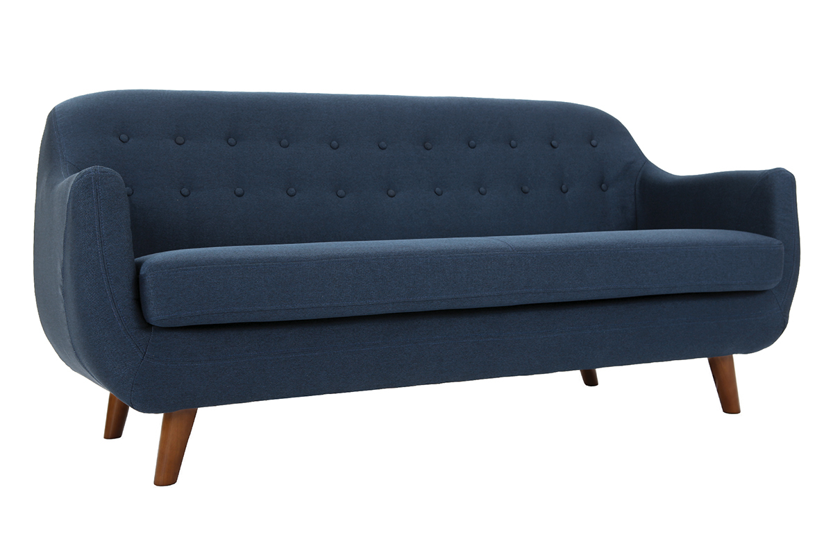 Canap dhoussable 3 places en tissu bleu fonc et bois fonc YNOK
