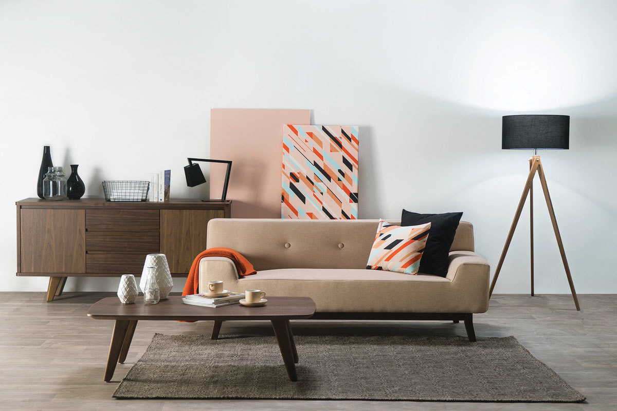 Canap� design 2-3 places beige et bois fonc� VILA