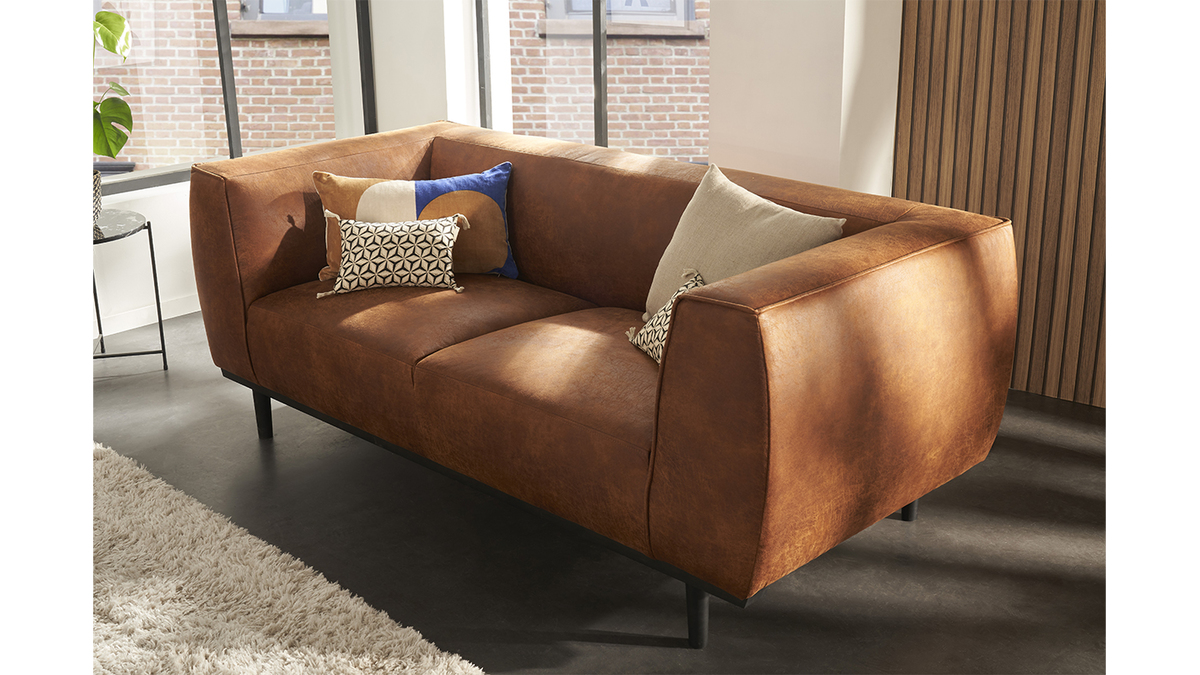 Canapé design 2-3 places en cuir aspect vieilli marron cognac MORRIS