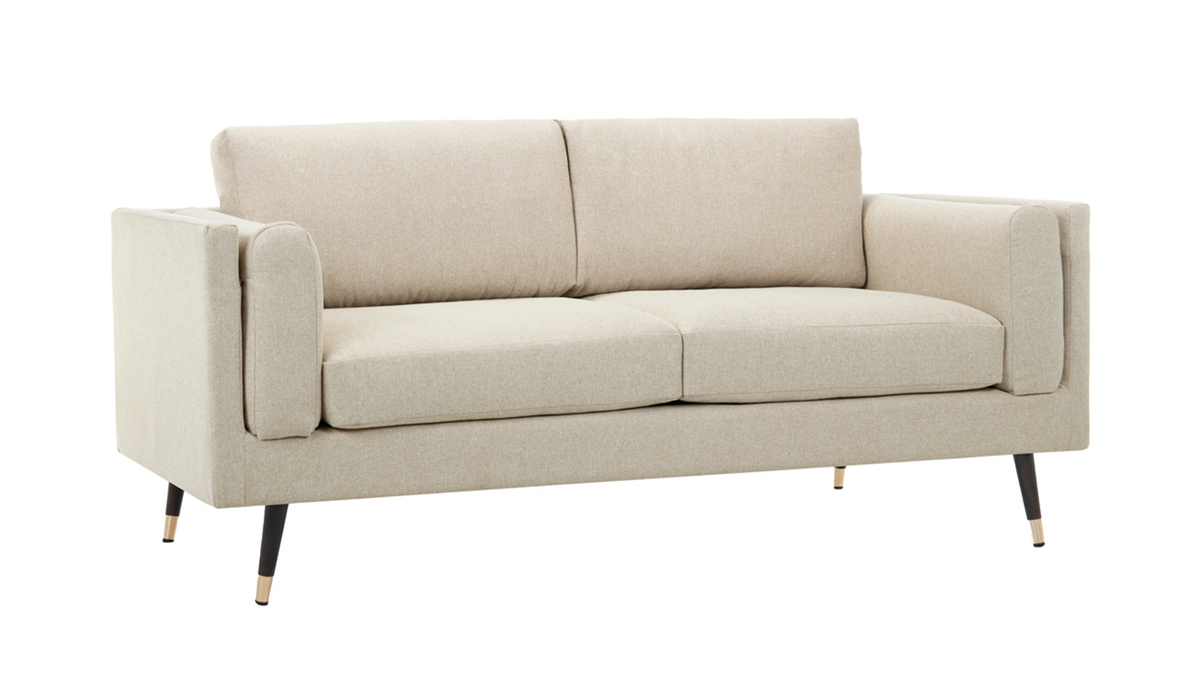 Canapé design 2-3 places en tissu beige naturel, bois noir et métal doré STING