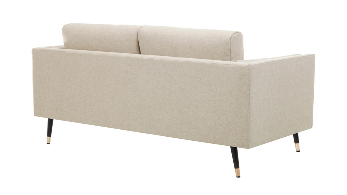 Canapé design 2-3 places en tissu beige naturel, bois noir et métal doré STING