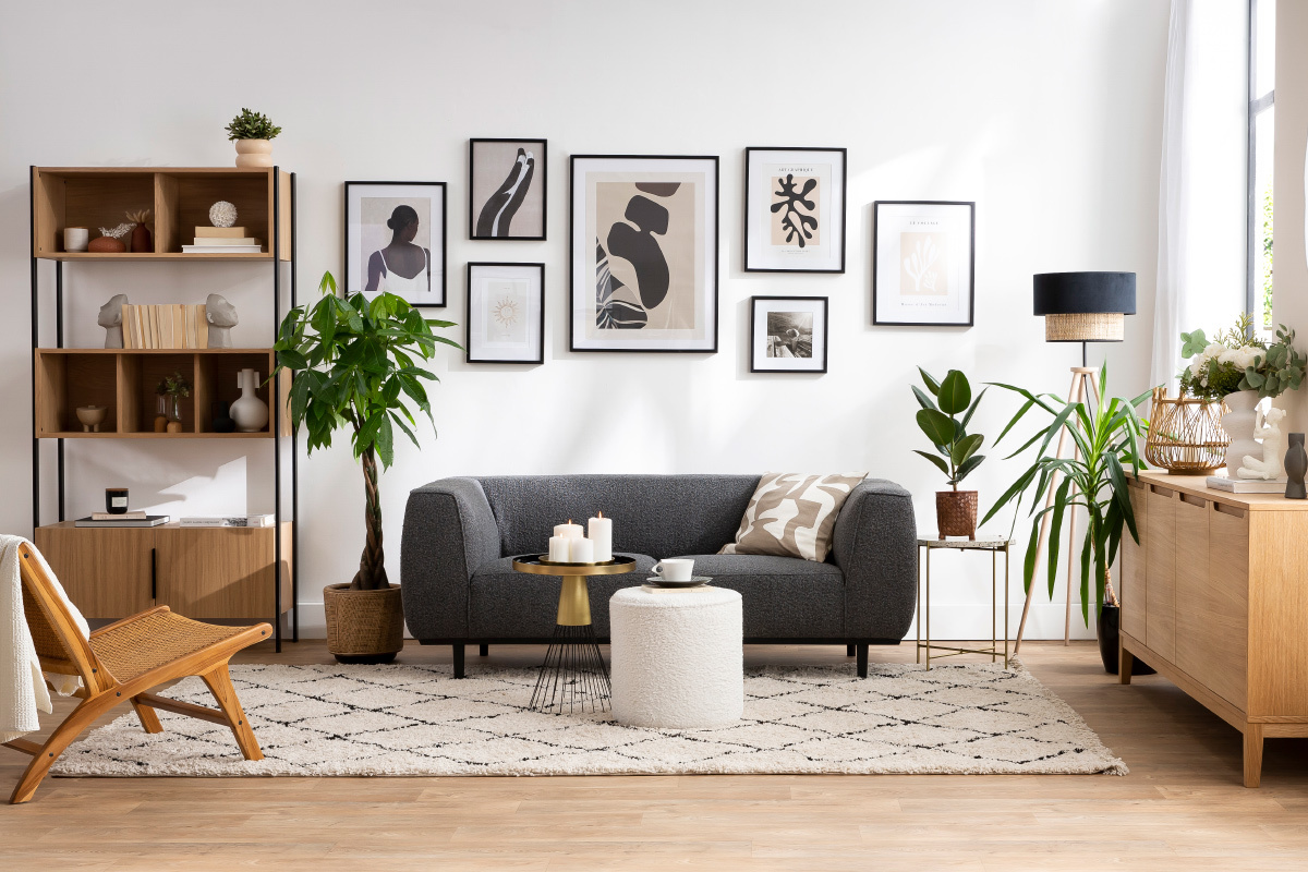 Canap� design 2-3 places en tissu effet laine boucl�e gris anthracite et bois noir MORRIS