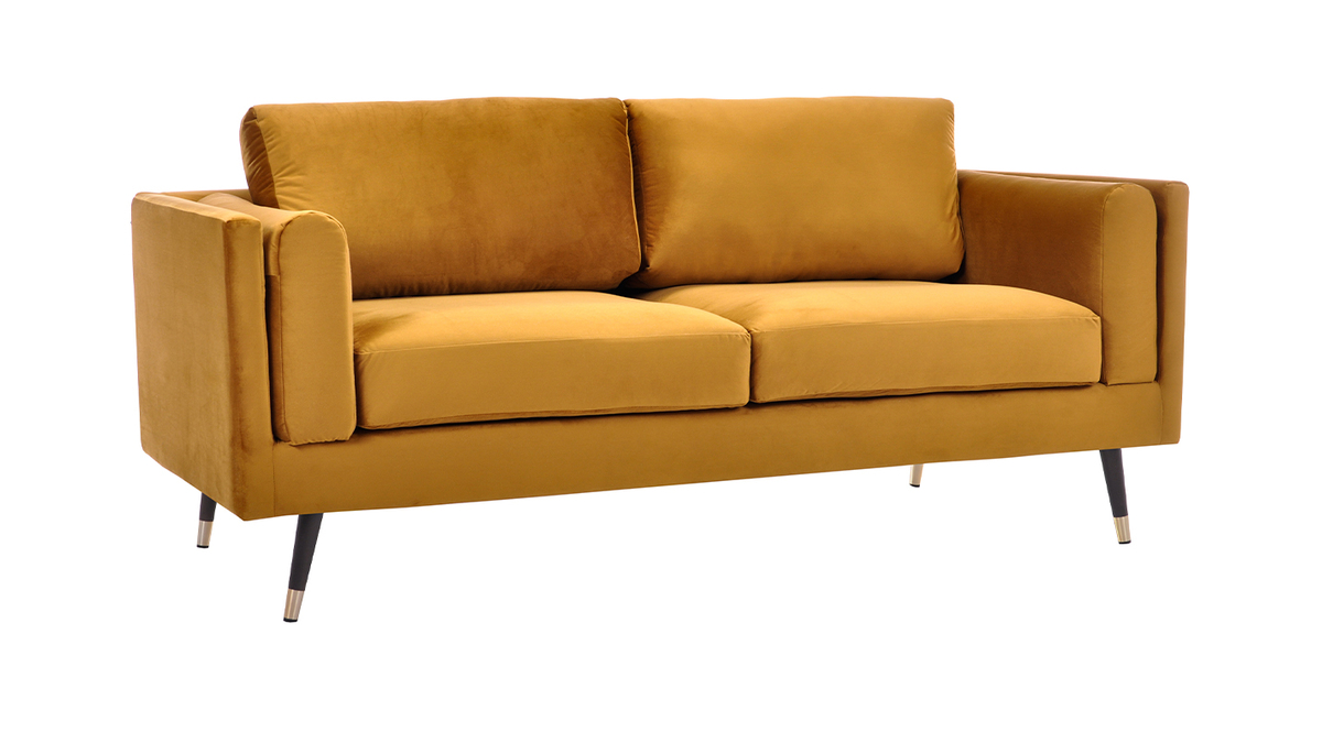 Canapé design 2-3 places en tissu velours jaune, bois noir et métal doré STING