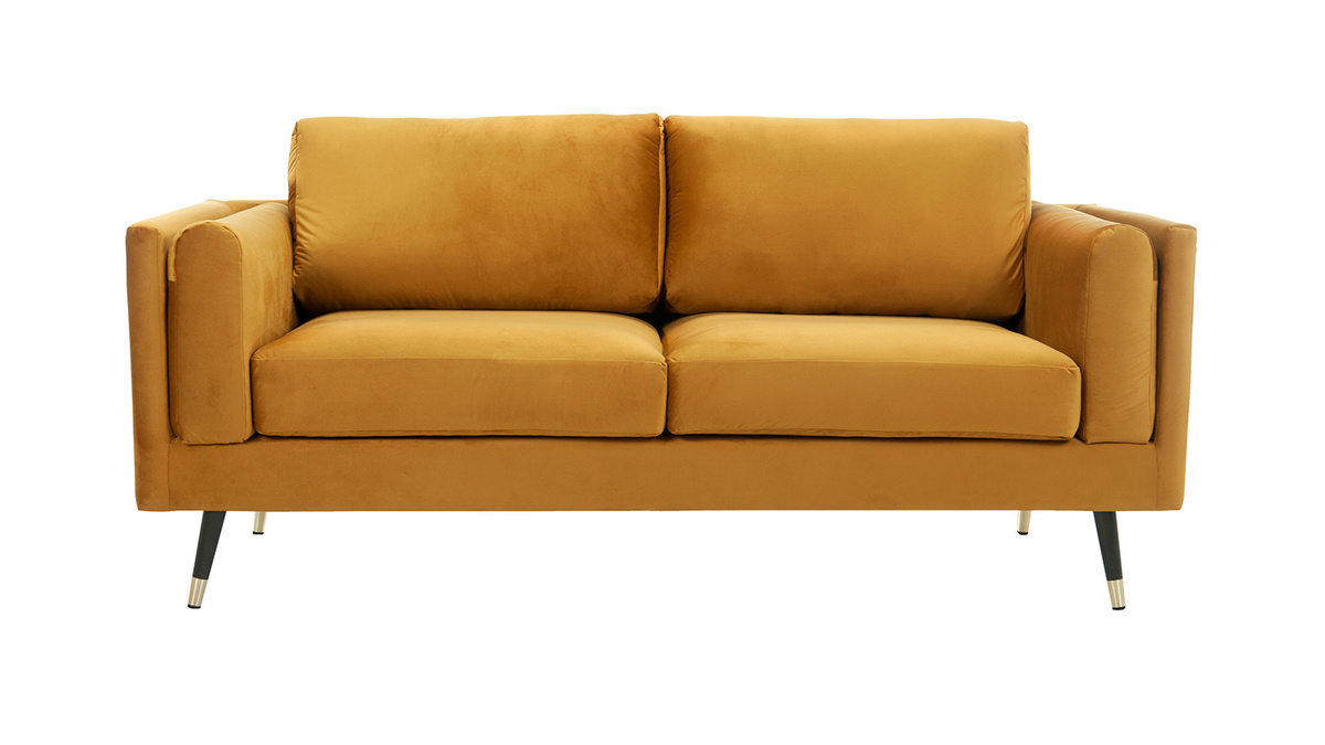 Canapé design 2-3 places en tissu velours jaune, bois noir et métal doré STING