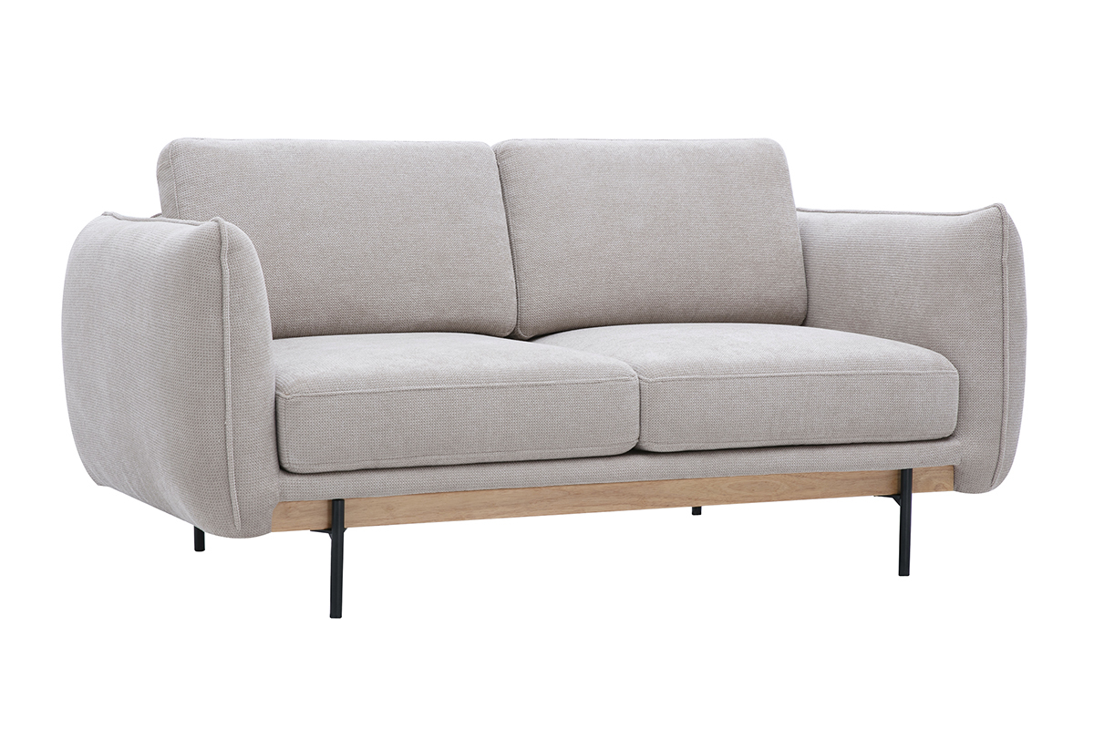Canap� design 2 places en tissu chenille beige et m�tal noir, vue de trois quarts.