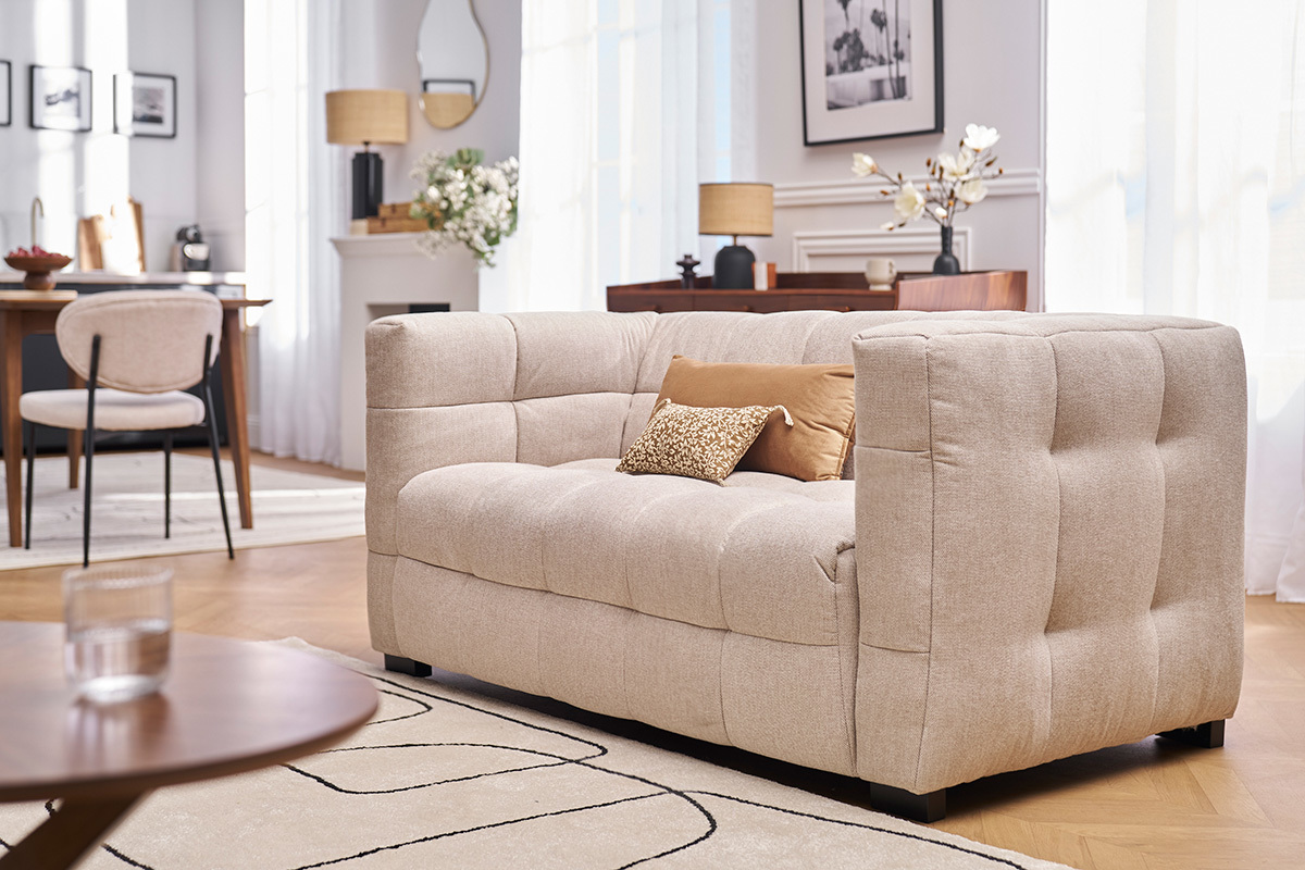 Canap design 2 places en tissu effet velours textur beige CORTO