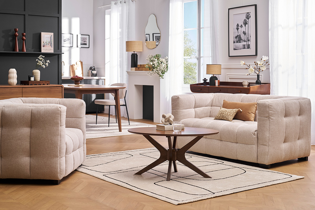 Canap design 2 places en tissu effet velours textur beige CORTO